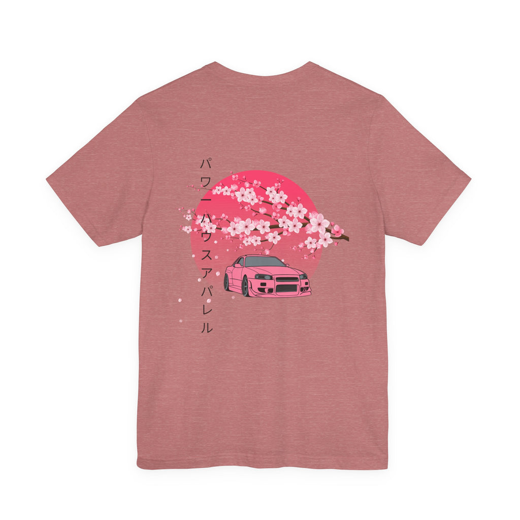 Japanese Style Power House  – Pink Skyline Car Cherry Blossom Graphic T-Shirt