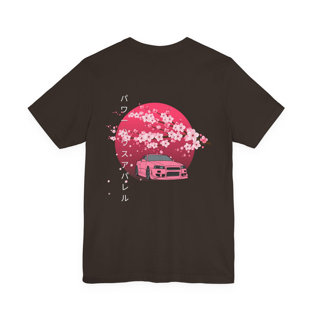 Japanese Style Power House  – Pink Skyline Car Cherry Blossom Graphic T-Shirt