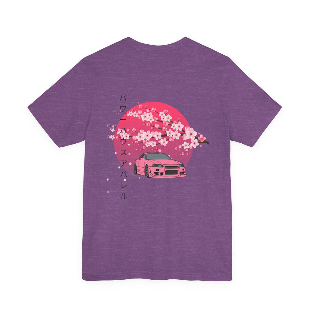Japanese Style Power House  – Pink Skyline Car Cherry Blossom Graphic T-Shirt