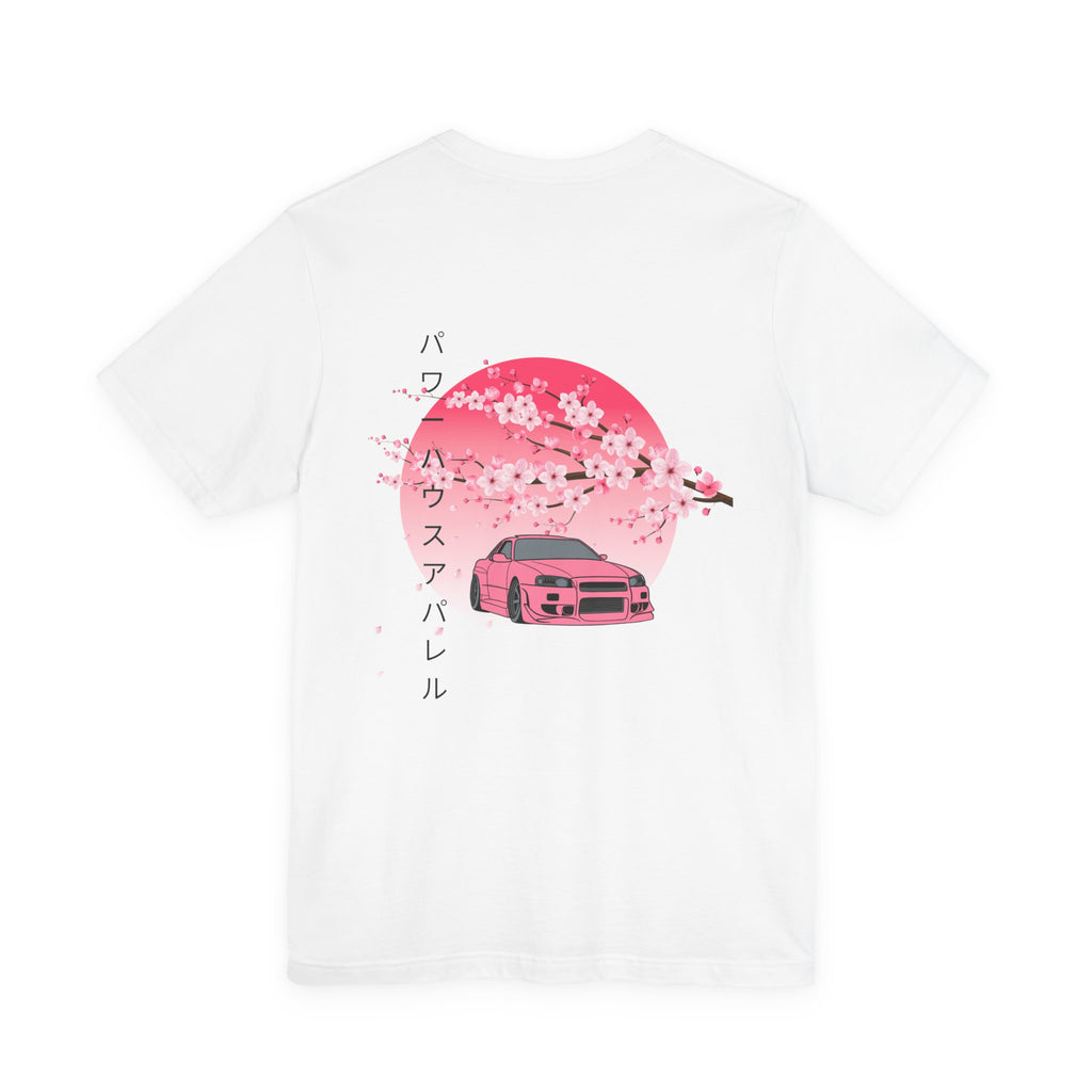 Japanese Style Power House  – Pink Skyline Car Cherry Blossom Graphic T-Shirt
