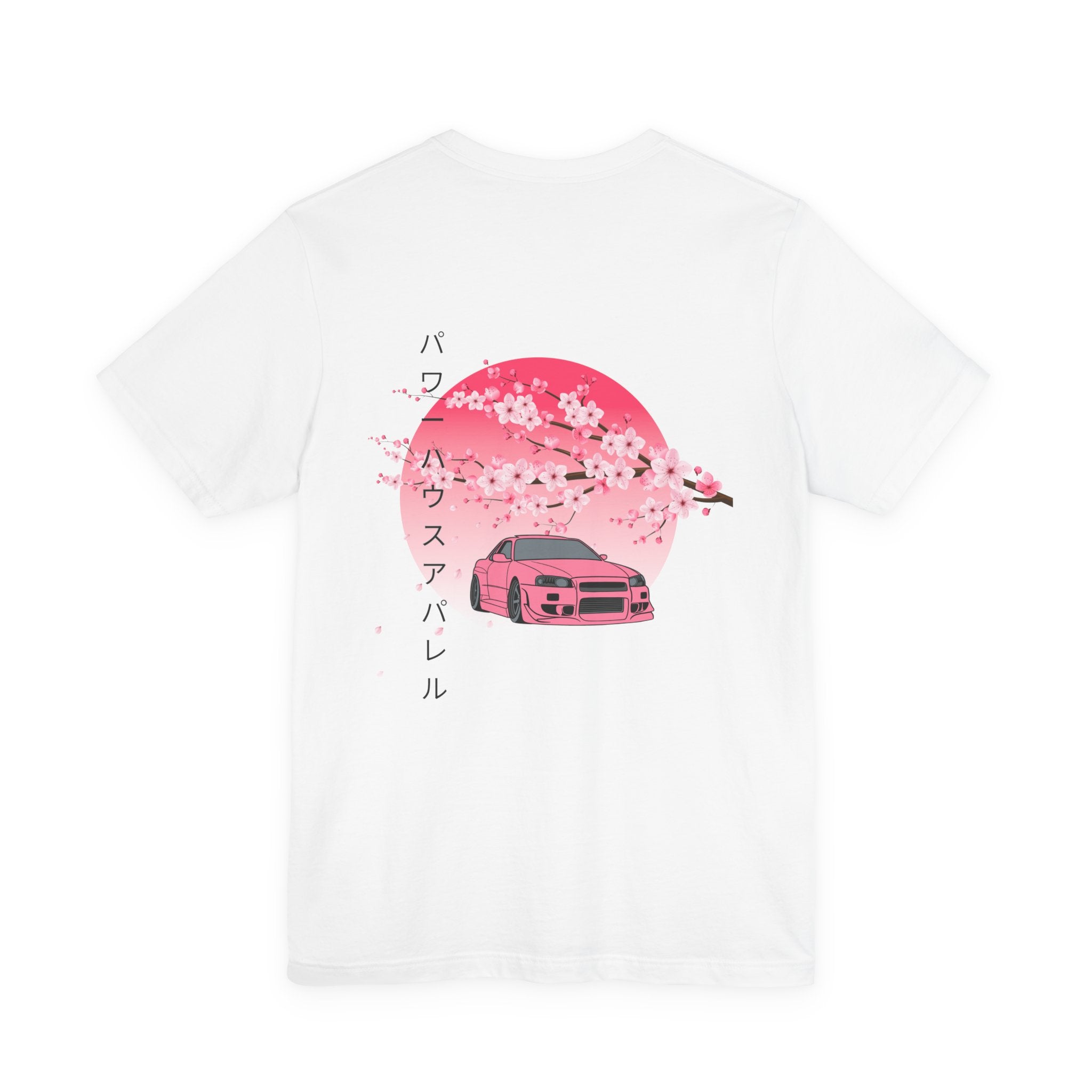 Japanese Style Power House  – Pink Skyline Car Cherry Blossom Graphic T-Shirt